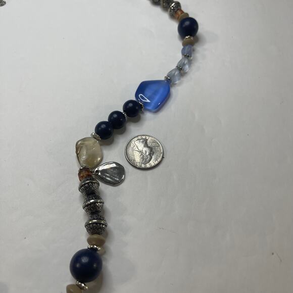 Chico's signed necklace long chunky chain link natural neutral blue tan boho - Picture 7 of 12